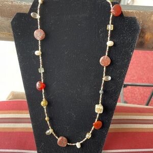 Red Carnelian, Sunstone and Fresh Water Pearl Necklace